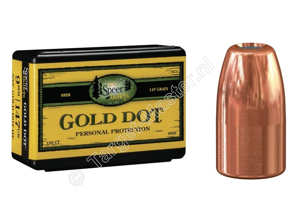 Speer GOLD DOT Kogels 9mm Luger 147 grain Jacketed Hollow Point verpakking 100 Speer GOLD DOT Kogels 9mm Luger 147 grain Jacketed Hollow Point verpakking 100